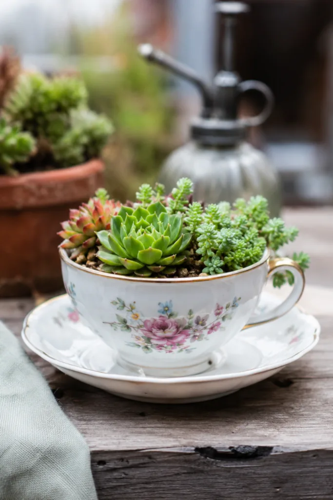 Gartendeko mit Teetassen – 5 wunderschöne Ideen für deinen Garten Gartendeko mit alter Teetasse als Pflanzgefäß, bepflanzt mit Sukkulenten auf Holztisch im Garten