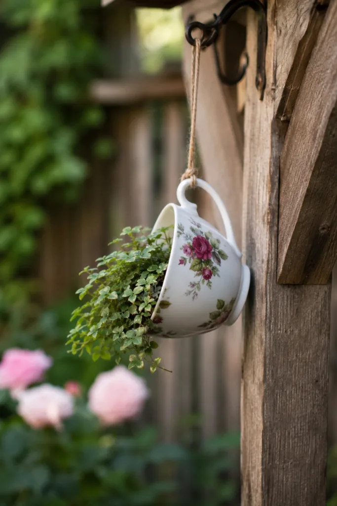 Gartendeko mit Teetassen – 5 wunderschöne Ideen für deinen Garten Hängende Teetasse mit Pflanzen am Holzpfosten im Garten, ruhiger Hintergrund und weiches Tageslicht