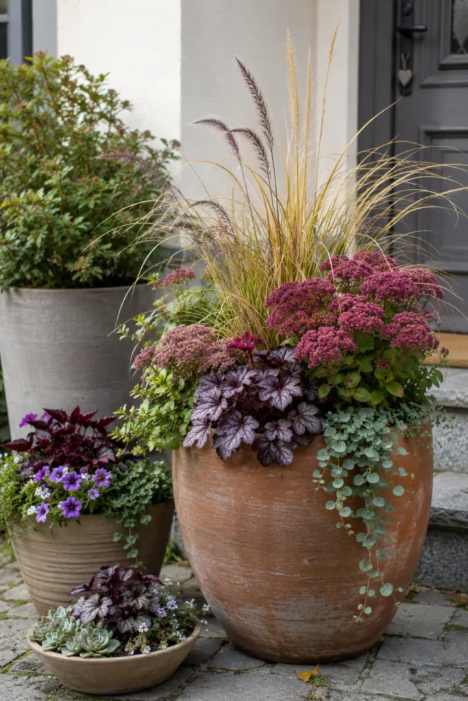 5 einfache Deko-Ideen für einen wunderschönen Vorgarten im August Vorgartendeko im August mit Fetthenne, Purpurglöckchen und Ziergras in einer harmonischen Pflanzengruppe.