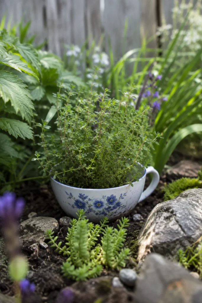Gartendeko mit Teetassen – 5 wunderschöne Ideen für deinen Garten Gartendeko mit alten Teetassen im Beet integriert, bepflanzt mit Kräutern und umgeben von Steinen im Garten.