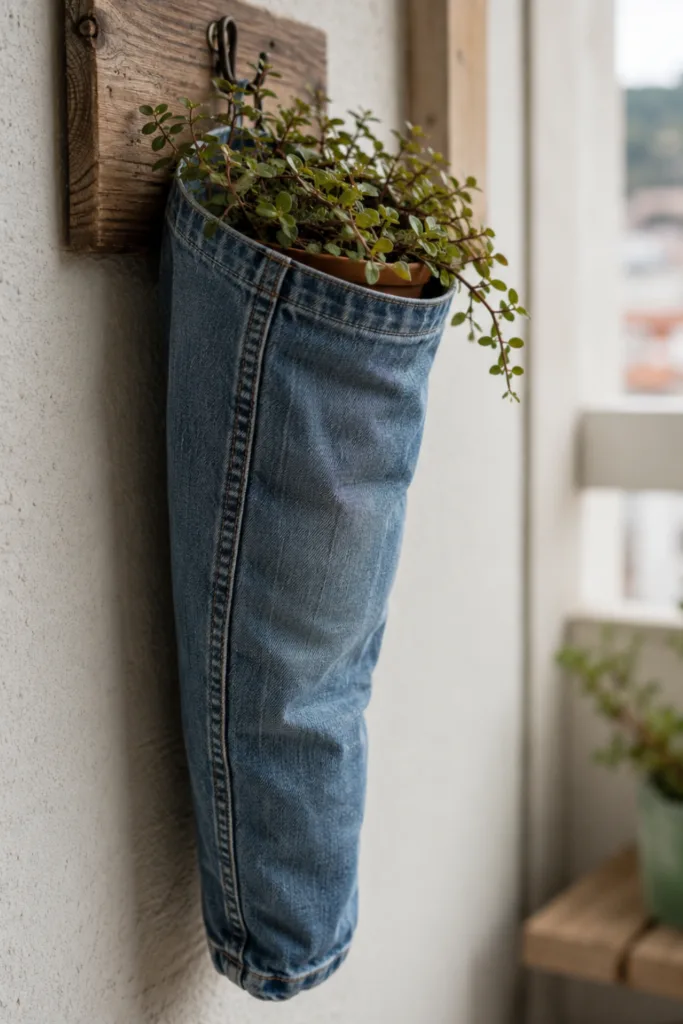 Gartendeko mit alten Jeans: 5 kreative Dekoideen mit Wow-Effekt Gartendeko mit alten Jeans als hängende Pflanztasche mit grüner Pflanze am Balkon.