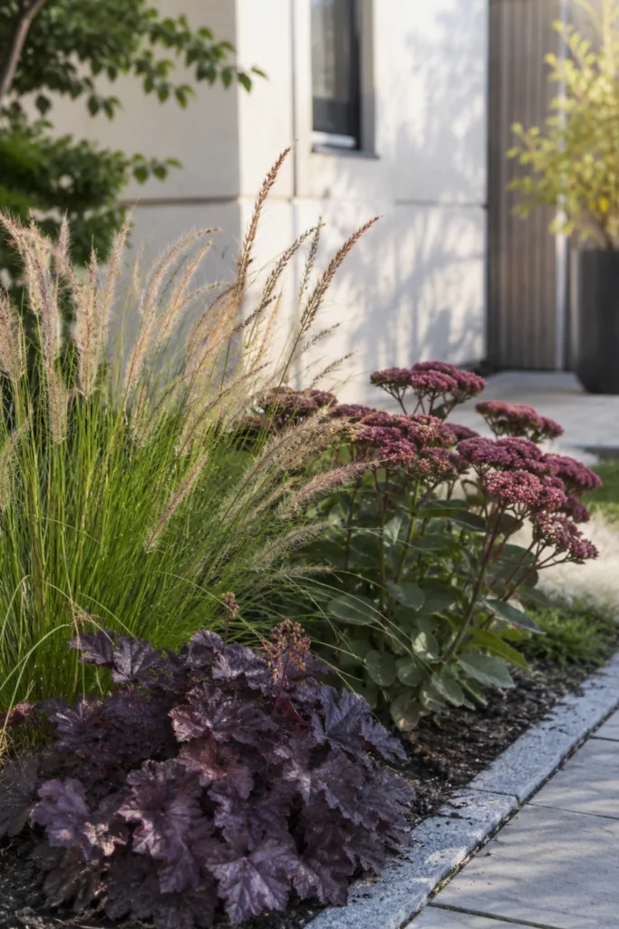 5 einfache Deko-Ideen für einen wunderschönen Vorgarten im August Vorgartendeko im August mit Ziergräsern, Purpurglöckchen und Fetthenne am Gartenweg.