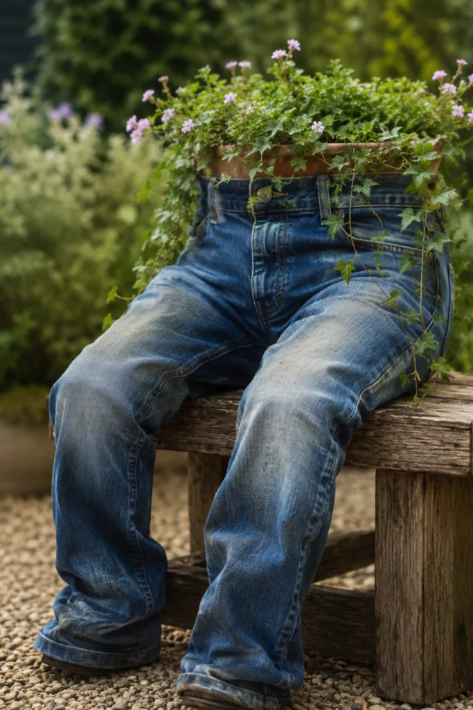 Gartendeko mit alten Jeans: 5 kreative Dekoideen mit Wow-Effekt Gartendeko mit alten Jeans: Bepflanzte Jeans als origineller Pflanzkübel auf einer rustikalen Gartenbank.