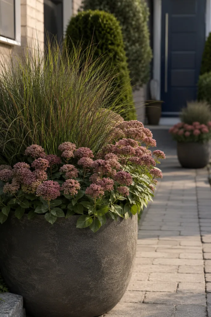 5 einfache Deko-Ideen für einen wunderschönen Vorgarten im August Vorgartendeko im August mit bepflanzten Kübeln entlang eines gepflegten Gartenwegs.