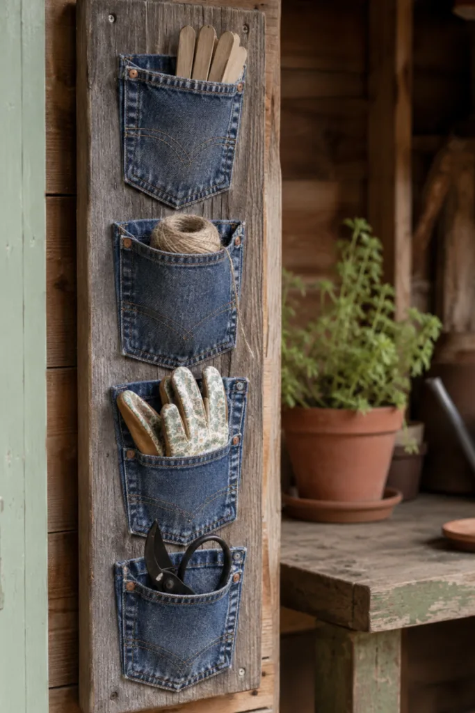 Gartendeko mit alten Jeans: 5 kreative Dekoideen mit Wow-Effekt Gartendeko mit alten Jeans: Jeanstaschen als Organizer für Gartenschere, Handschuhe und Pflanzschilder.