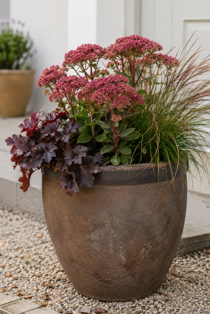 5 einfache Deko-Ideen für einen wunderschönen Vorgarten im August Vorgartendeko im August mit Fetthenne, Purpurglöckchen und Ziergras im großen Pflanzkübel.