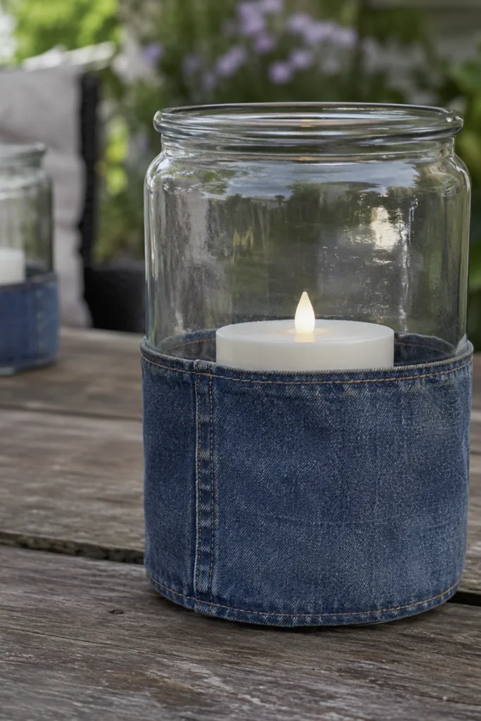 Gartendeko mit alten Jeans: 5 kreative Dekoideen mit Wow-Effekt Gartendeko mit alten Jeans: Windlicht im Glas mit Jeansmanschette auf einem Gartentisch.