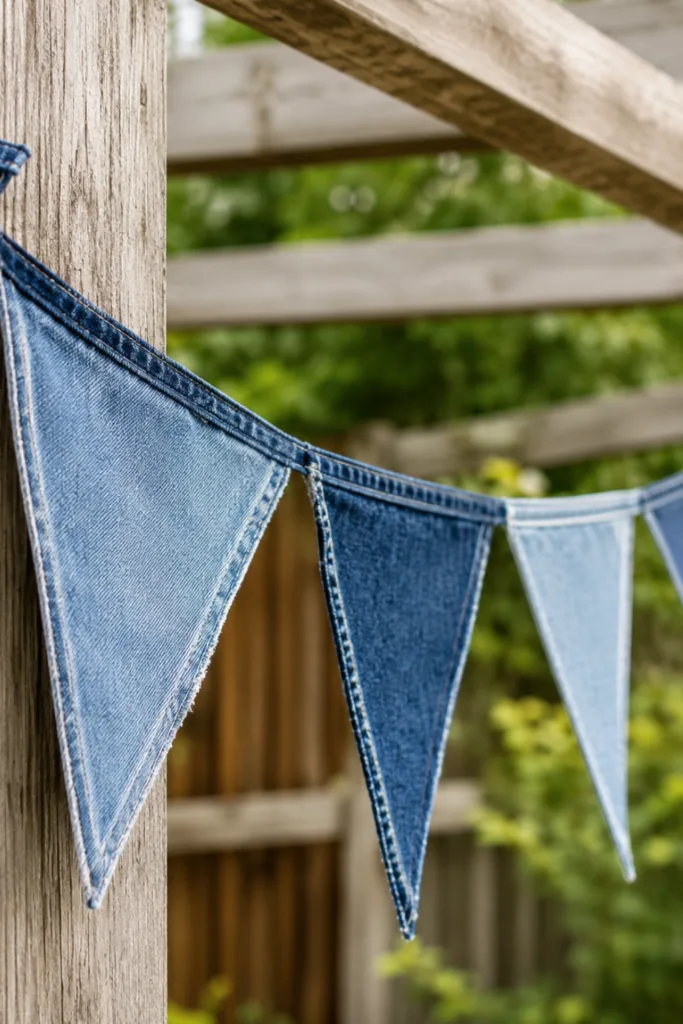 Gartendeko mit alten Jeans: 5 kreative Dekoideen mit Wow-Effekt Gartendeko mit alten Jeans: Eine Wimpelkette aus Denim schmückt eine rustikale Holzpergola im Garten.