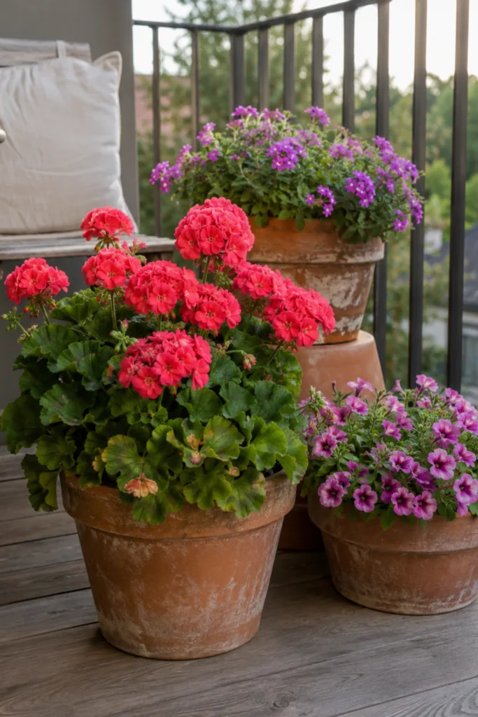 Balkondeko im August mit gruppierten Sommerblumen in Terrakottatöpfen auf einem kleinen Balkon.