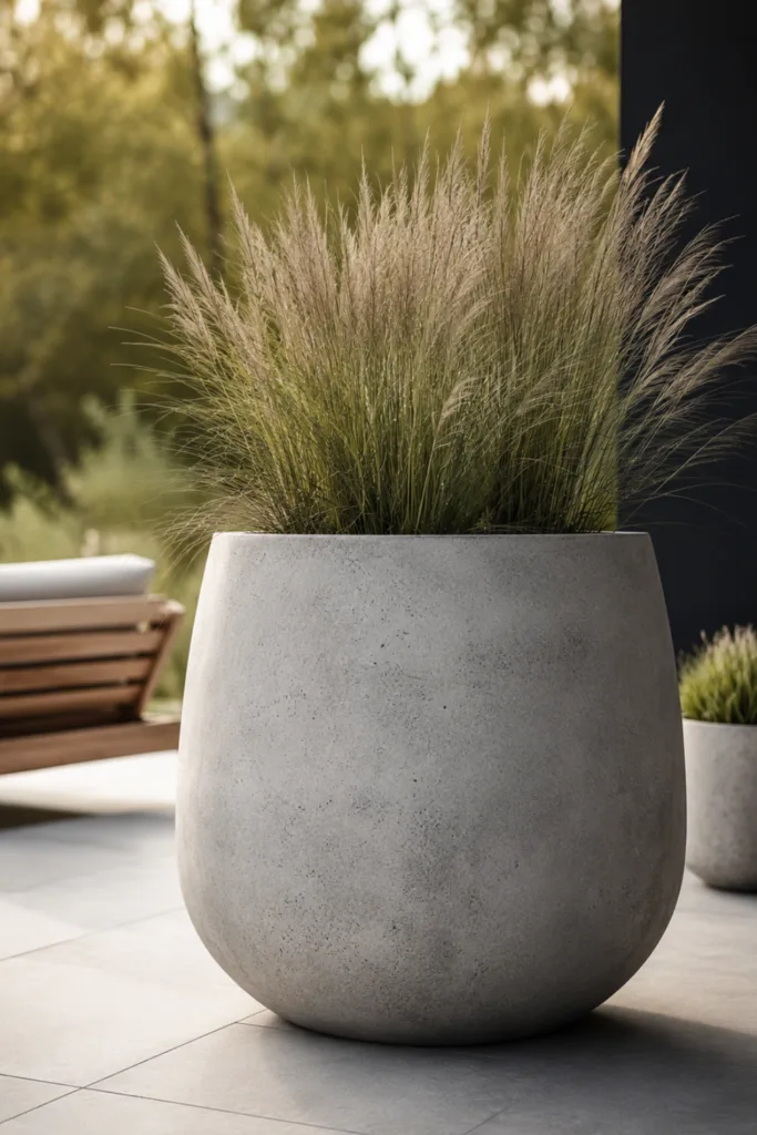 Terrassendeko mit Beton: Großes Betongefäß mit Ziergras auf moderner Terrasse.
