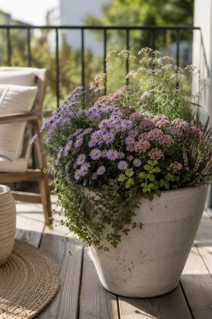 Balkondeko im August mit violetten Blüten, hellem Pflanzkübel und gemütlichem Sitzplatz.