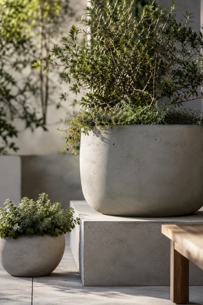 Terrassendeko mit Beton: Pflanzkübel auf Betonpodesten schaffen klare Ebenen und eine ruhige Wirkung.