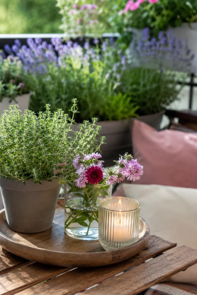 Balkondeko im August mit Kräutertopf, Sommerblüten und Kerze auf einem Holztisch.