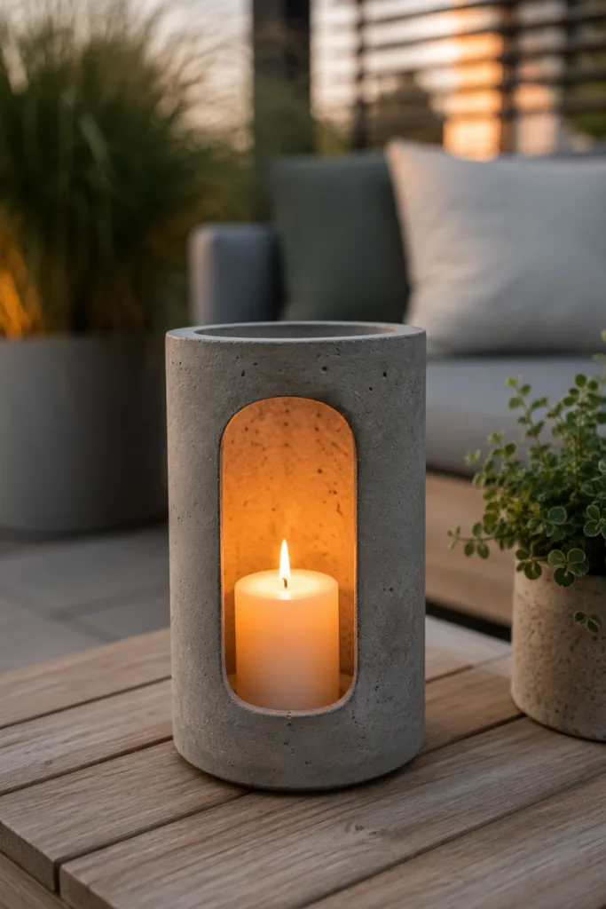 Terrassendeko mit Beton: Modernes Betonwindlicht mit Kerze auf einem Holztisch.