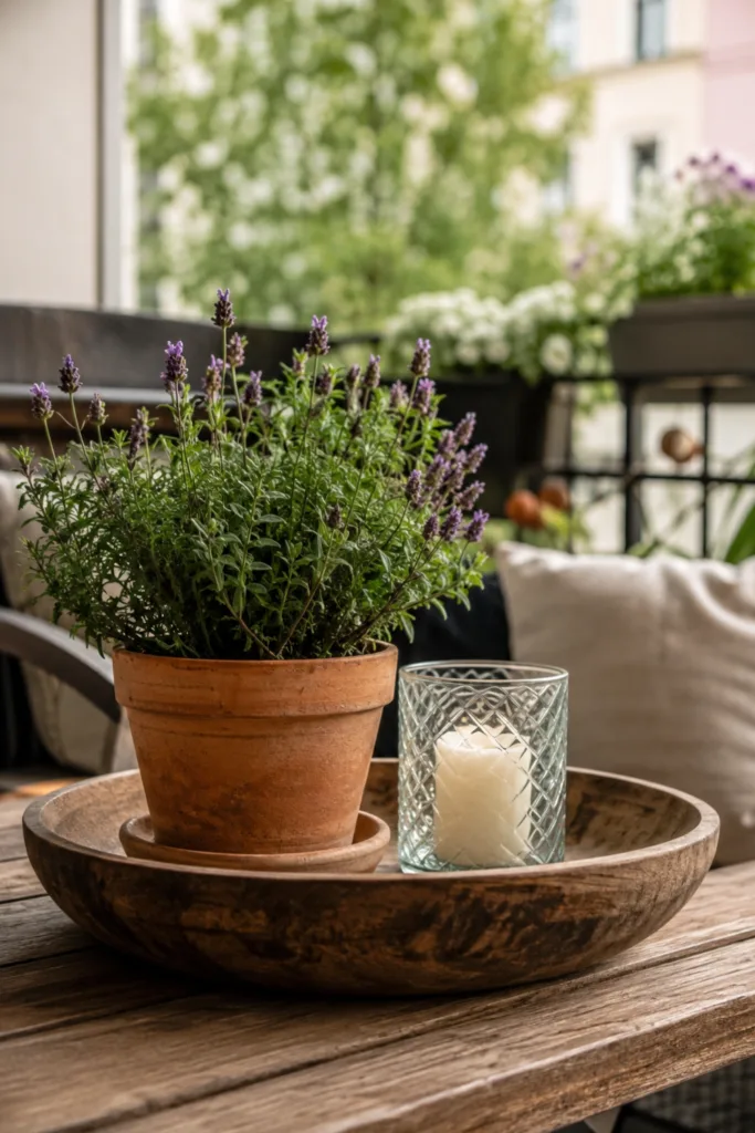 Balkondeko im August mit Lavendel, Terrakotta, Holzschale und Glaslicht auf einem gemütlichen Balkon.