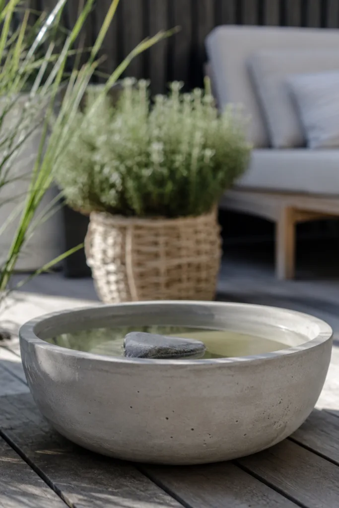 Terrassendeko mit Beton: Flache Betonschale als stilvolle Wasserstelle auf einer modernen Terrasse.