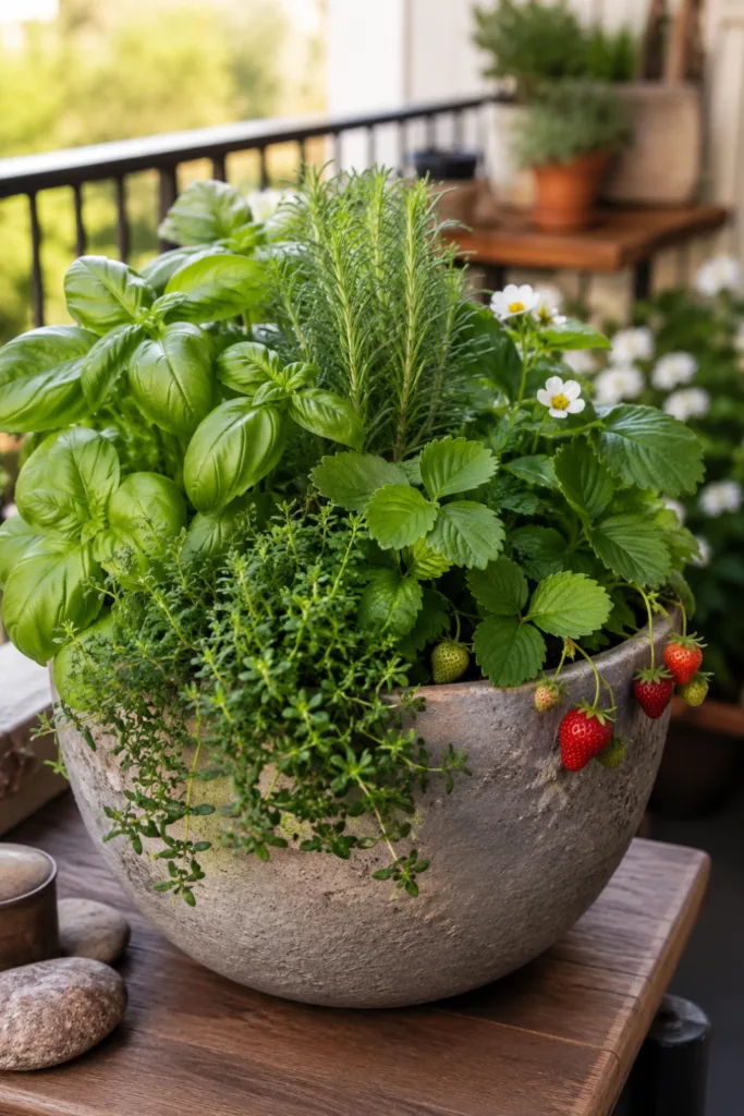 Balkondeko mit Blumentöpfen – so entsteht ein wunderschönes Gesamtbild Balkondeko mit Blumentöpfen: Großer Pflanztopf mit Kräutern und Erdbeeren auf einem sonnigen Balkon.