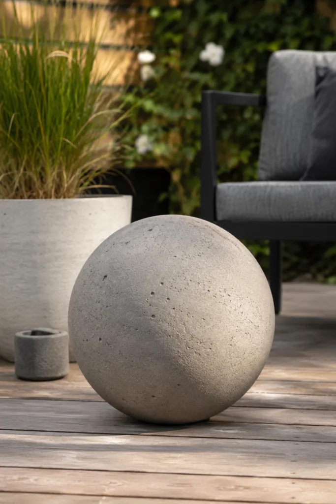 Terrassendeko mit Beton: Große Betonkugel als moderner Blickfang auf einer gemütlichen Holzterrasse.