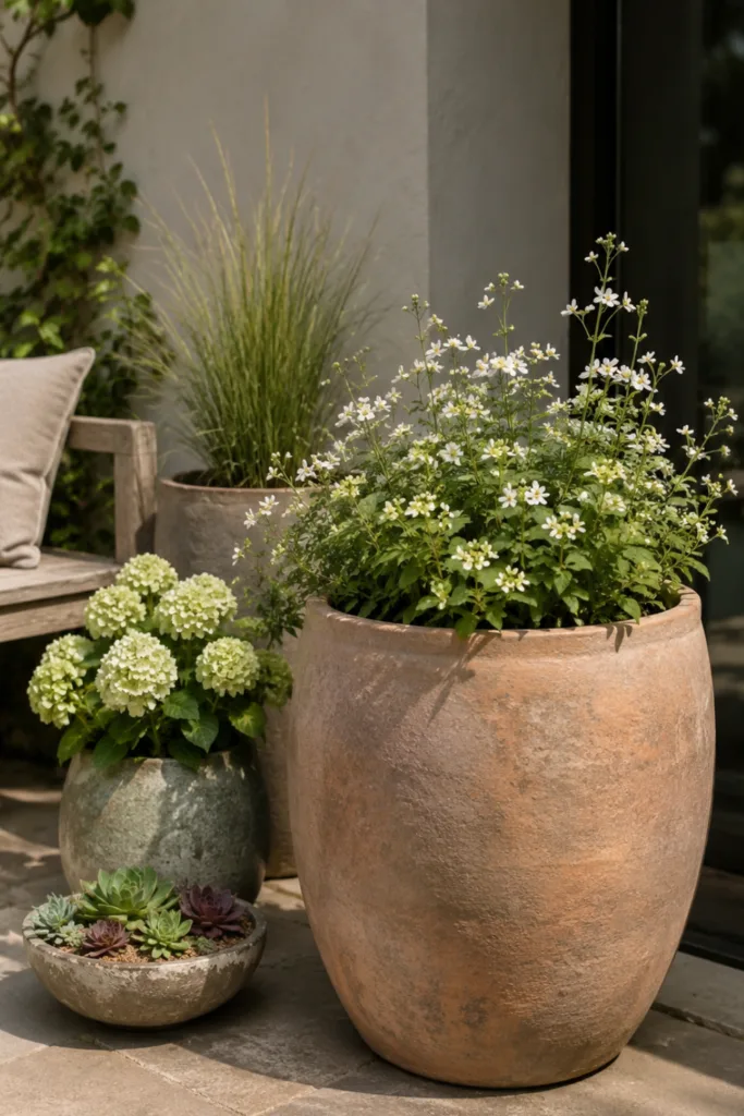 Terrassendeko mit Blumentöpfen: harmonische Topfgruppe mit Gräsern, Hortensie und Sukkulenten.