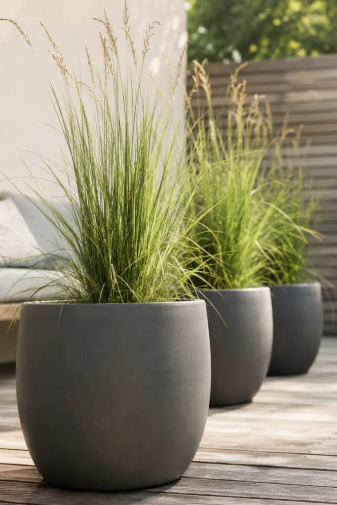 Terrassendeko mit Blumentöpfen in einer klaren Reihe mit Ziergräsern.