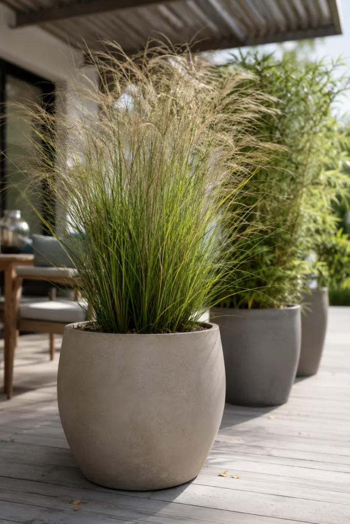 Terrassendeko mit Blumentöpfen als grüner Raumteiler zwischen Sitzplatz und Gartenbereich.