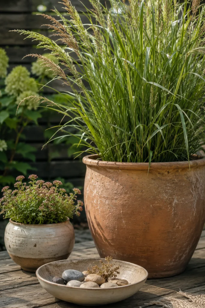 Diese 5 Dekoideen machen deinen kleinen Garten im August zum Hingucker Kleiner Garten mit Deko im August aus Ziergras, Keramiktopf und Schale.
