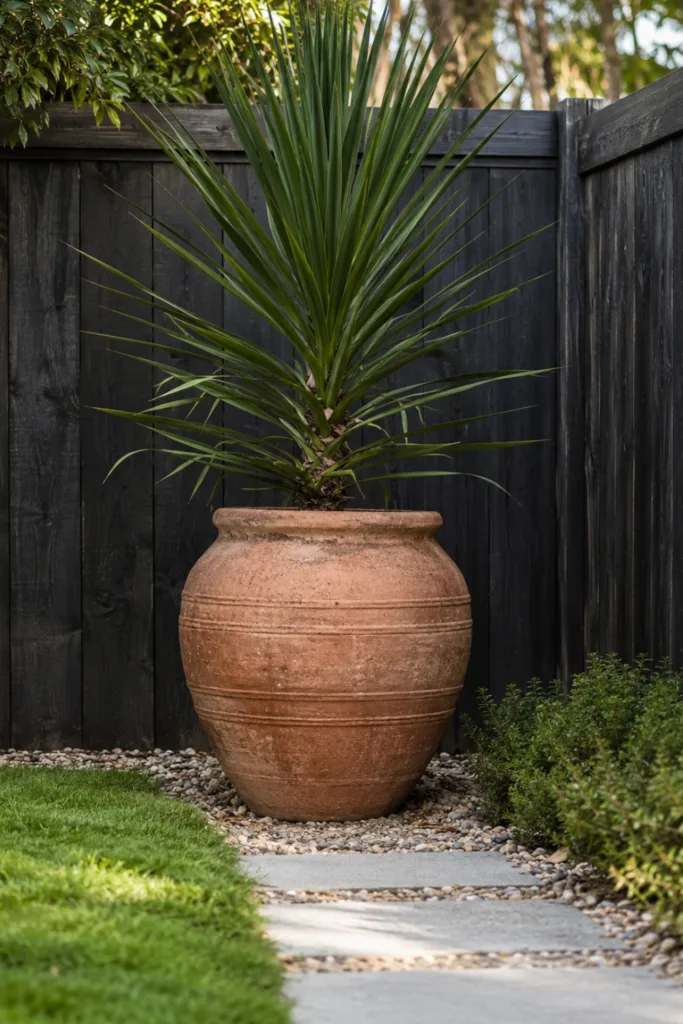 Hintergartendeko mit großem Terrakottakübel als Blickpunkt am dunklen Gartenzaun.