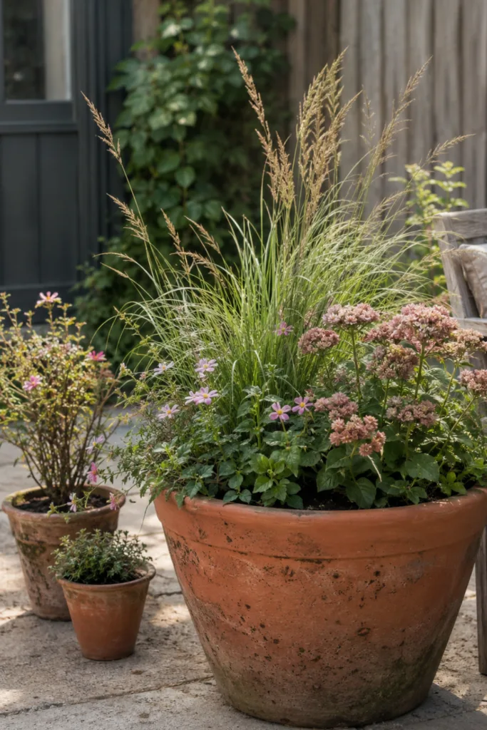 Diese 5 Dekoideen machen deinen kleinen Garten im August zum Hingucker Kleiner Garten Deko im August mit Ziergras, Fetthenne und neu gruppierten Pflanzkübeln.