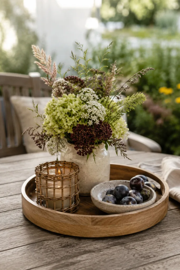 Diese 5 Dekoideen machen deinen kleinen Garten im August zum Hingucker Kleiner Garten mit Deko im August: Tablett mit Blumen, Kerze und Pflaumen auf einem Holztisch.