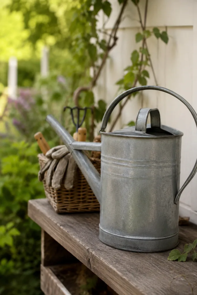 Diese 5 Dekoideen machen deinen kleinen Garten im August zum Hingucker Kleiner Garten mit Deko im August, Gießkanne, Korb und Gartengeräten auf einer Holzbank.