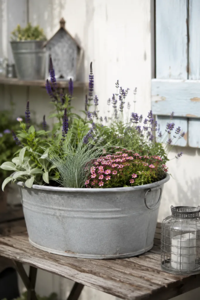 DIY-Gartendekoration mit bepflanztem Zinkbehälter, Lavendel und Sommerblumen auf einer Holzbank.