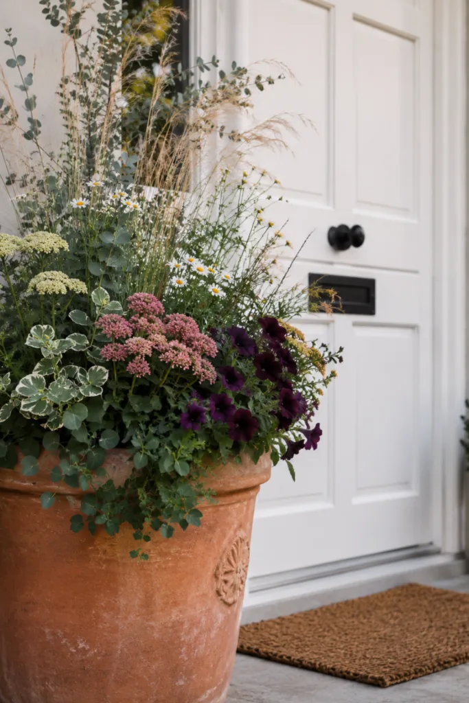Hauseingang Deko im August mit Terrakottatopf, weißen, rosa und violetten Spätsommerblüten.