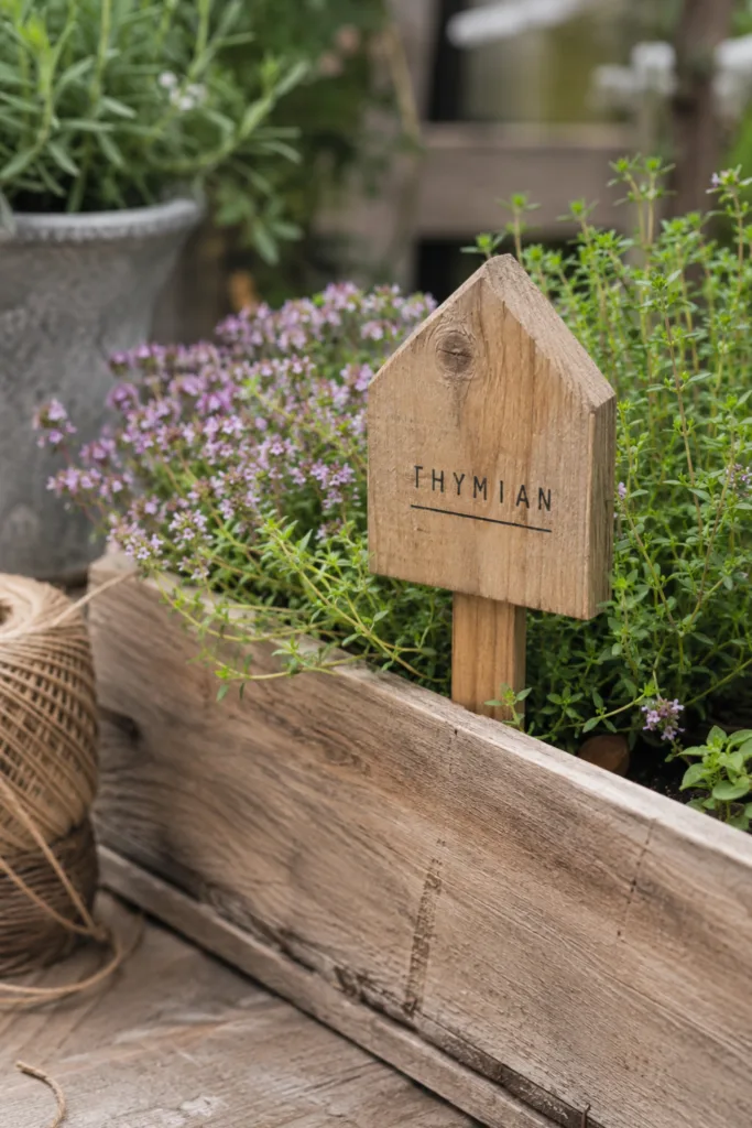DIY-Gartendekoration mit rustikalem Holzstecker und Kräutern im bepflanzten Holzkasten.