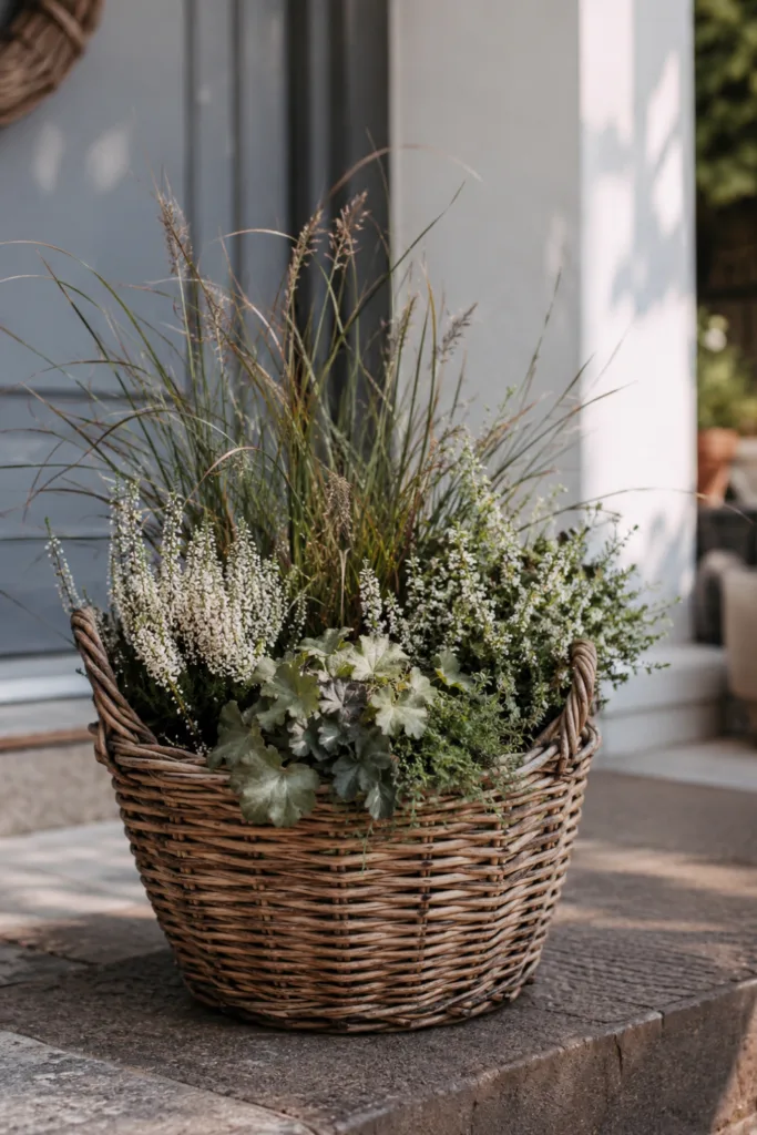 Hauseingang Deko im August mit bepflanztem Korb, Ziergras und weißen Blüten.