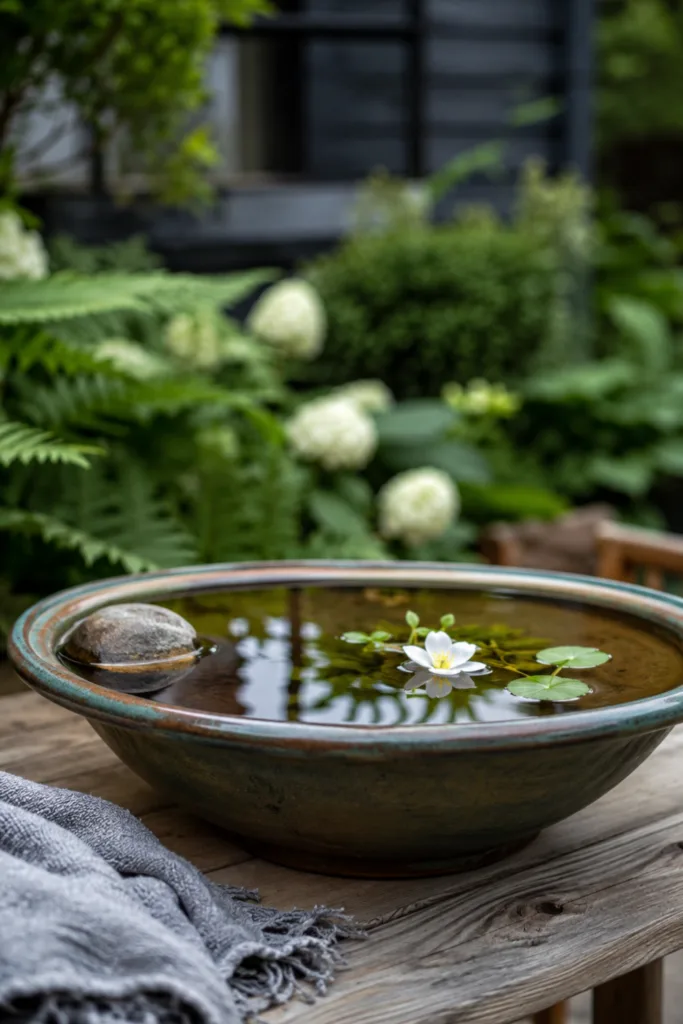 DIY-Gartendeko mit flacher Keramikschale als kleine Wasserstelle im Garten.