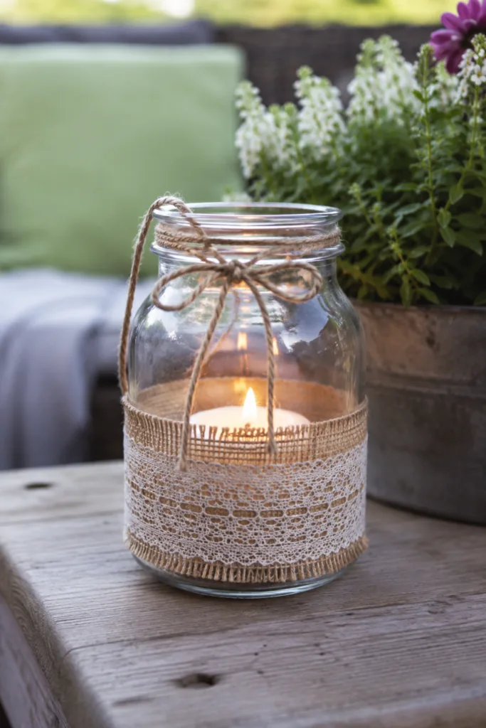 DIY-Gartendeko mit Windlicht aus Einmachglas auf einem Holztisch im Garten.