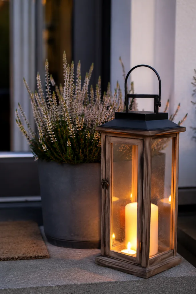 Hauseingang Deko im August mit Laterne, warmem Licht und blühender Pflanze.