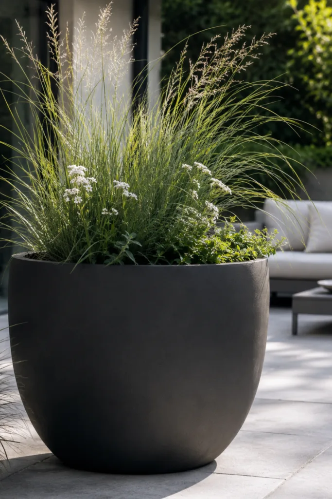 Moderne Sommerdeko für den Garten mit großem anthrazitfarbenem Pflanzgefäß, Ziergras und weißen Blüten.