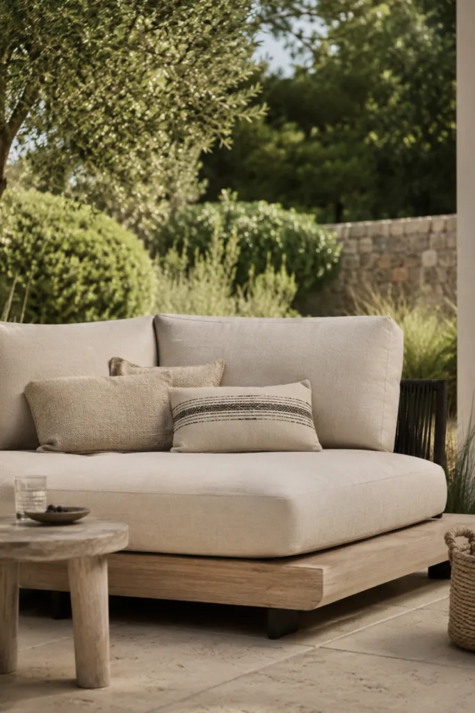 Moderne Sommerdeko für den Garten mit heller Lounge, Naturstoffen und ruhiger, grüner Terrassenkulisse.