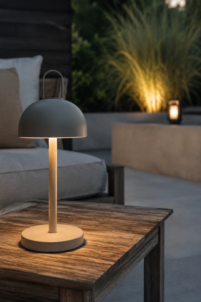 Moderne Sommerdeko für den Garten mit Tischleuchte und dezent beleuchtetem Ziergras auf der Terrasse.