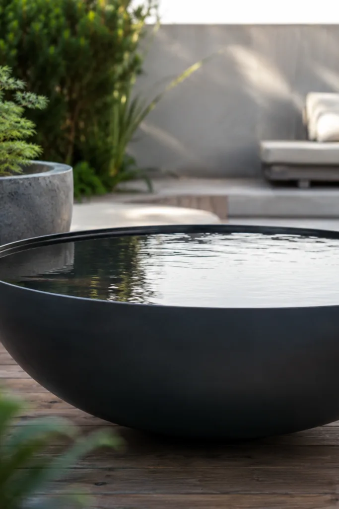 Moderne Sommerdeko für den Garten mit großer dunkler Wasserschale auf einer stilvollen Terrasse.