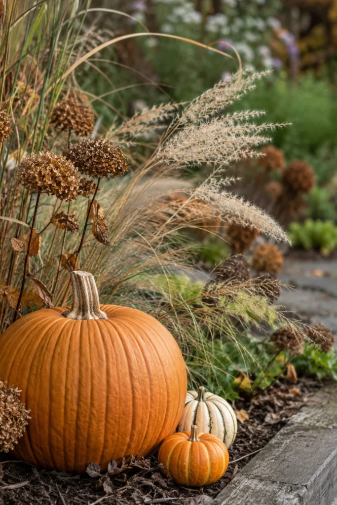 Herbstdeko für den Garten mit Kürbissen, Ziergräsern und trockenen Samenständen im herbstlichen Beet.