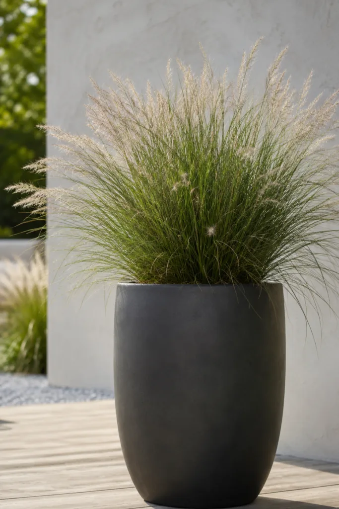 Moderne Sommerdeko für den Garten mit großem Ziergras im anthrazitfarbenen Pflanzgefäß.