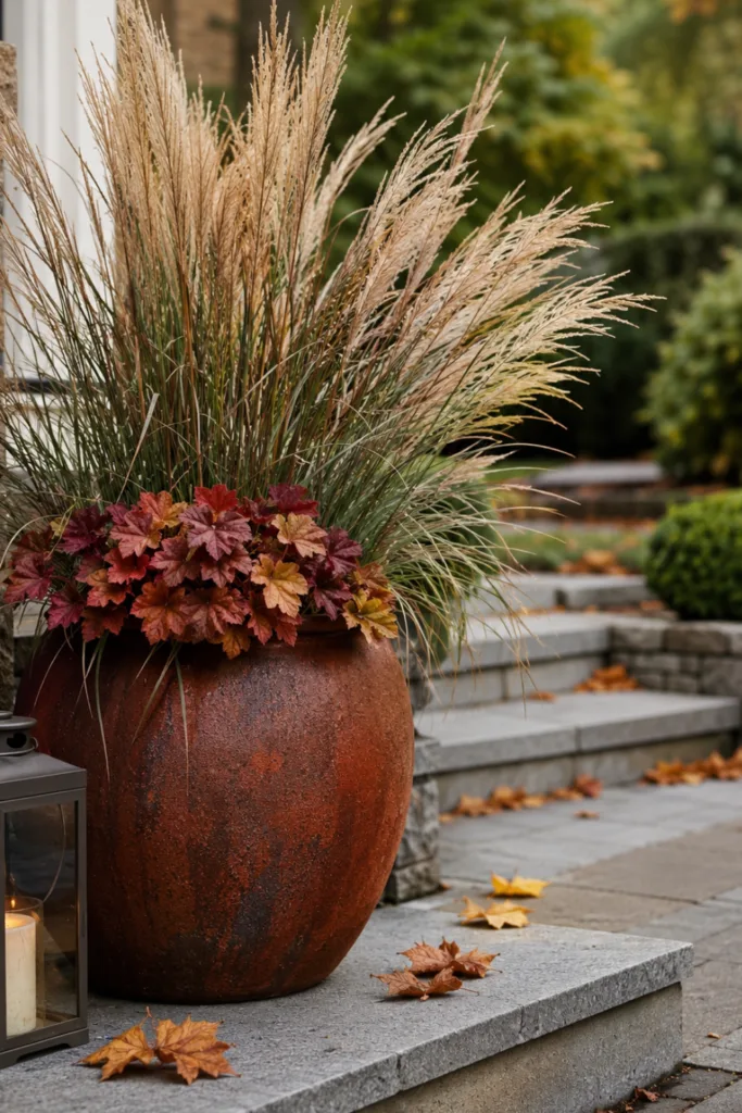 Herbstdeko für den Garten mit Pflanzkübel, Gräsern und Laterne an einem Steinweg.