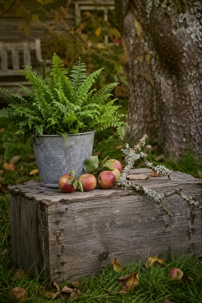 Herbstdeko für den Garten mit Holzkiste, Farn, Äpfeln und Zweigen unter einem Baum.