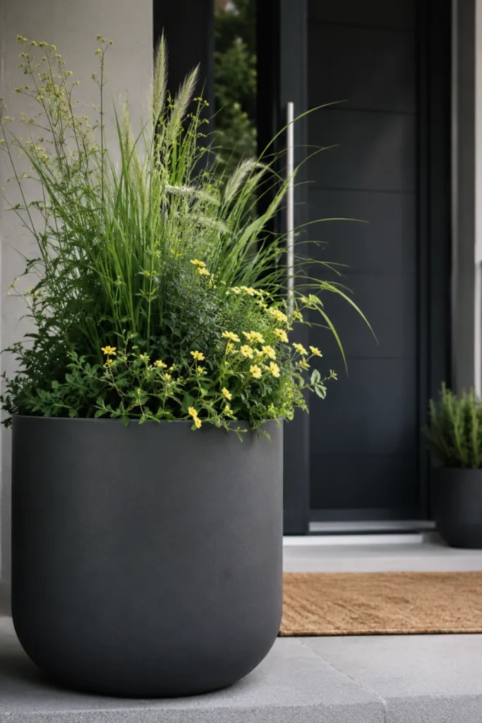 Moderne Sommerdeko für den Hauseingang mit anthrazitfarbenem Pflanzkübel und gelben Blüten.