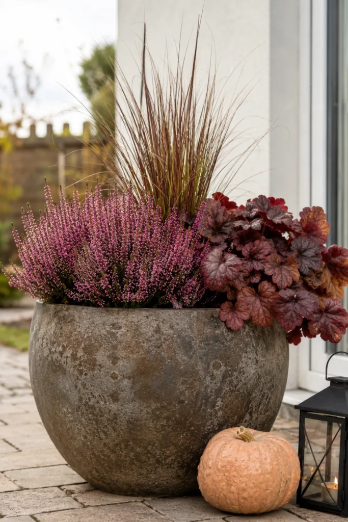 Herbstdeko für einen kleinen Garten mit Pflanzkübel, Heide, Kürbis und Laterne.