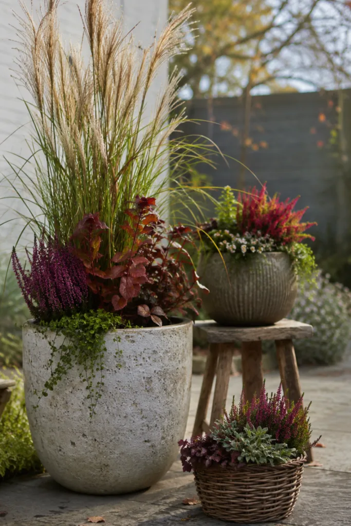 Herbstdeko für einen kleinen Garten mit Pflanzgefäßen in unterschiedlichen Höhen.