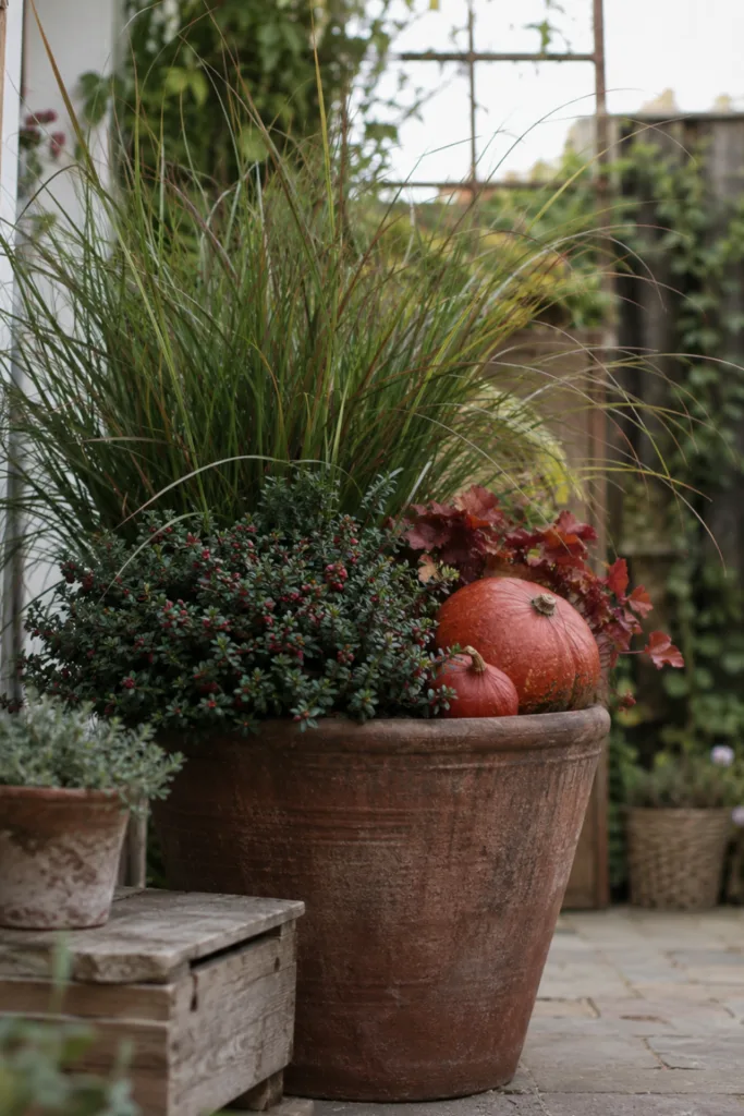Herbstdeko für einen kleinen Garten mit großem Kübel, Ziergras, Beerenpflanze und Kürbissen.
