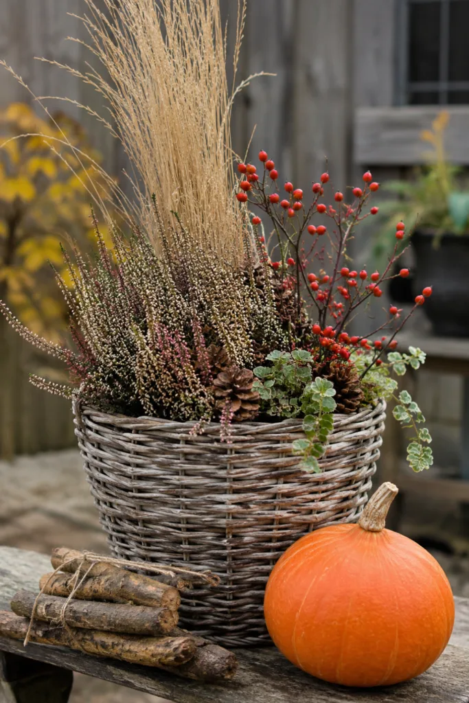Herbstdeko für einen kleinen Garten mit Korb, Gräsern, Hagebutten, Holz und Kürbis.